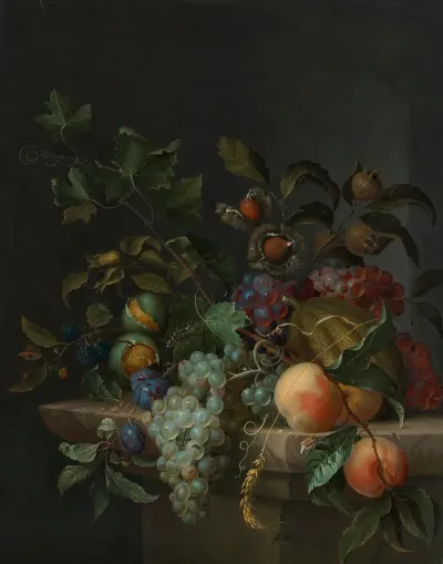 Grapes Peaches Plums Blackberries Rosehips A Melon An Ear Of Barley A Vine Tendril Chestnuts Walnuts And Hazelnuts With A Fly Caterpillar And Beetle On A Stone Ledge