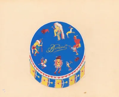 Graphic Design Drawings For Barricini Candy Packages 3 D Study Circular Candy Box With Indian Motif On Blue Background