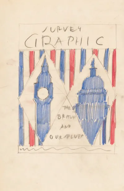 Graphic Design For Cover Of Survey Graphic Magazine The British And Ourselves Drawing With British Parliament And Us Capitol Building
