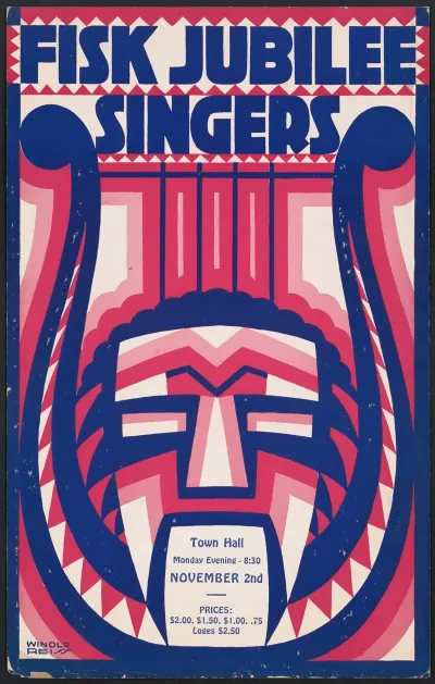 Graphic Design For Fisk Jubilee Singers Concert Poster With Harp And Mask Motif