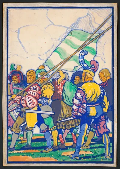 Graphic Designs For Scribners Magazine Cover Medieval Festival Theme Colored Drawing Of Men With Medieval Clothing And Weapons