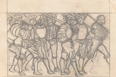 Graphic Designs For Scribners Magazine Cover Medieval Festival Theme Drawing Of Men With Medieval Clothing And Items Walking To The Right