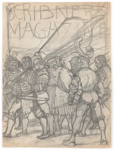 Graphic Designs For Scribners Magazine Cover Medieval Festival Theme Drawing Of Men With Medieval Clothing And Weapons Including Scribners Logo