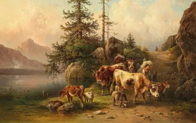 Grazing Cattle On The Lakeside
