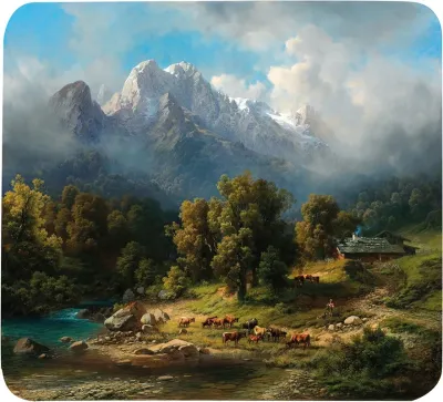 Grazing Cows Near An Alpine Lake