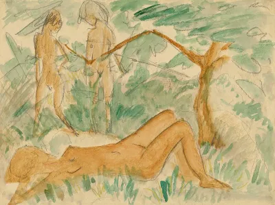 Groser Liegender Und Kleine Stehende Akte In Landschaft