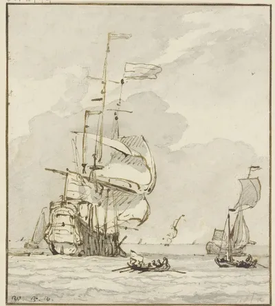 Groses Schiff Von Links Nach Hinten Segelnd Vorne Ein Ruderboot Und Mehrere Andere Schiffe
