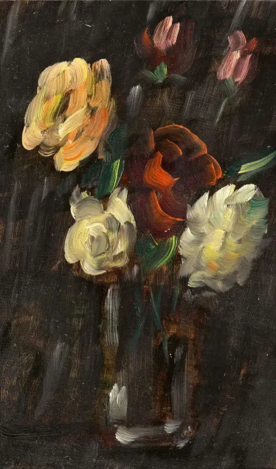 Groses Stillleben Stillleben Auf Schwarzem Hintergrund Helles Glas Mit Rosa Und Roten Rosen
