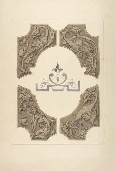 Grotesque Designs Featuring Griffin Birds And Dolphins
