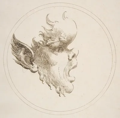 Grotesque Head With A Bulging Forehead Looking To The Right Within A Circle