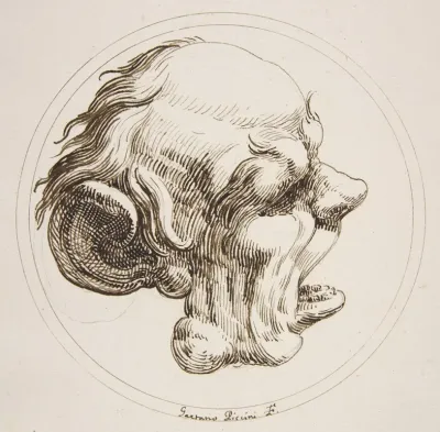 Grotesque Head With A Large Ear And An Open Mouth Looking To The Right Within A Circle