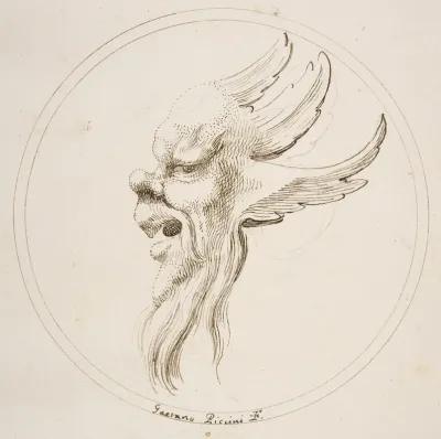 Grotesque Winged And Bearded Head Looking To The Left Within A Circle