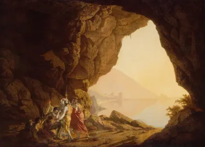 Grotto By The Seaside In The Kingdom Of Naples With Banditti Sunset