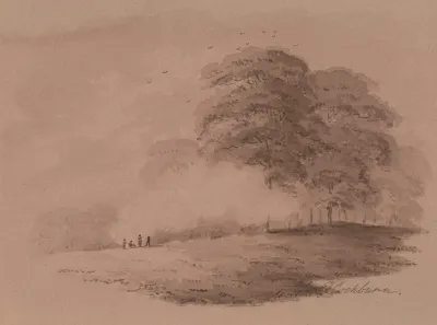 Group Of Figures Round A Distant Bonfire In A Wood