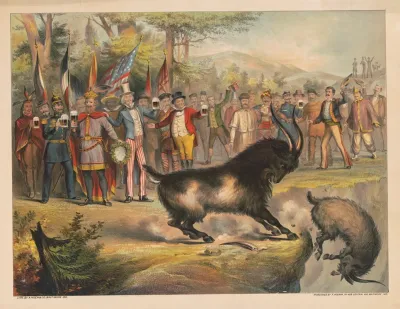 Group Of Men Representing Different Countries Of The World Dressed In Costumes Stand Watching Bock Goat Butt His Opponent