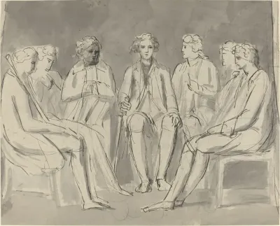 Group Of Men Seated In A Circle Recto