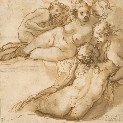 Group Of Six Reclining Nude Women Nymphs Bathing