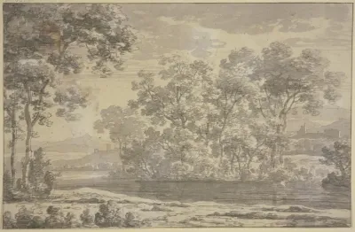 Group Of Trees Near A Water With Buildings In The Middle Ground And A Mountain Range In The Background