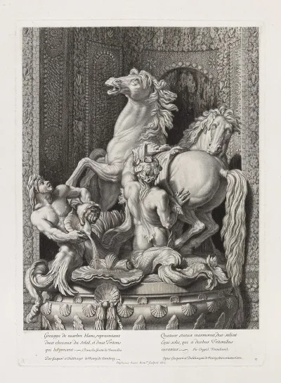 Grouppe De Marbre Blanc Representant Deux Chevaux Du Soleil Et Deux Tritons Qui Les Pensent Dans La Grotte De Versailles
