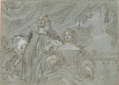 Gruppe Af En Siddende Dame Og En Staende Herre Knaefigurer I Baggrunden En Sort Afrikaner Og En Hund Th En Ballustrade