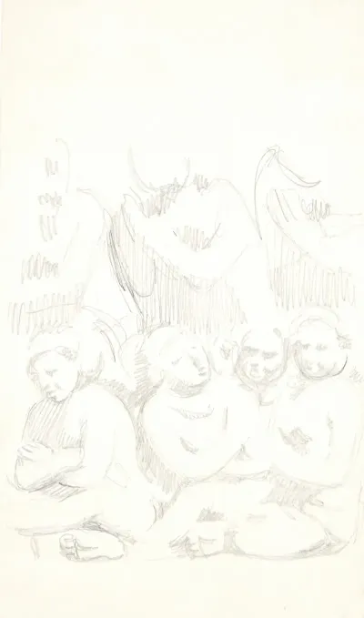 Gruppe Med Siddende Figurer Med Korslagte Arme I Forgrunden Studieblad Efter Relieffer I Borobudur Java