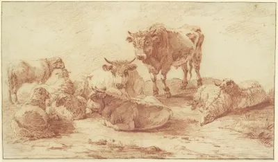 Gruppe Von Drei Ochsen Und Sechs Schafen