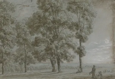 Gruppe Von Funf Hohen Baumen Mit Durchblick Auf Eine Weite Landschaft Rechts Vorne Eine Sitzende Und Eine Stehende Frau Und Ein Kind