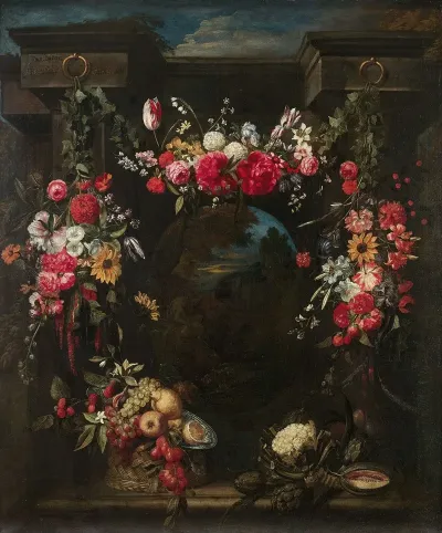 Guirlande De Fleurs Fruits Et Legumes Entourant Un Paysage Avec Un Dieu Fleuve