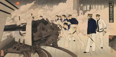 Gun Being Fired From A Warship Of The Imperial Navy In The Vicinity Of Haiyang Island