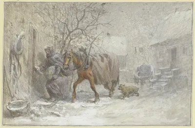 Gutshof Im Winter Ein Pferd Wird Vom Kutscher In Den Stall Gefuhrt
