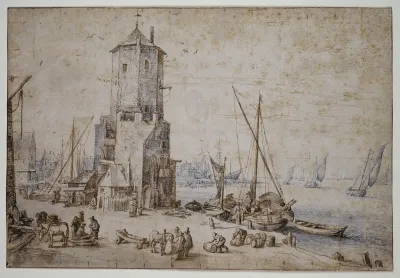 Hafenansicht Mit Achteckigem Turm Und Segelbooten