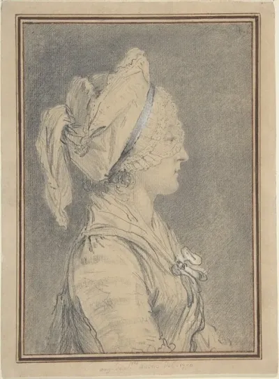Half Figure Of A Woman Wearing A Cap In Profile To Right