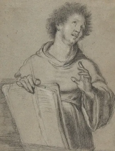 Half Length Study Of A Monk Holding A Book And A Long Implement