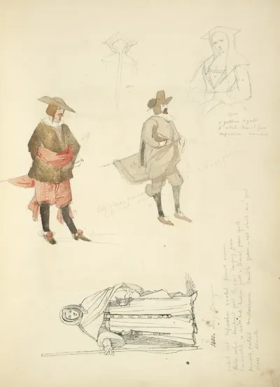 Half Length Study Of A Woman 1400 Man In Breeches Sash Pointed Shoes Stockings And Hat A Monk In His Habit 1400