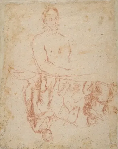 Half Length Study Of Bearded Nude Male Figure And A Man And Woman With Donkey