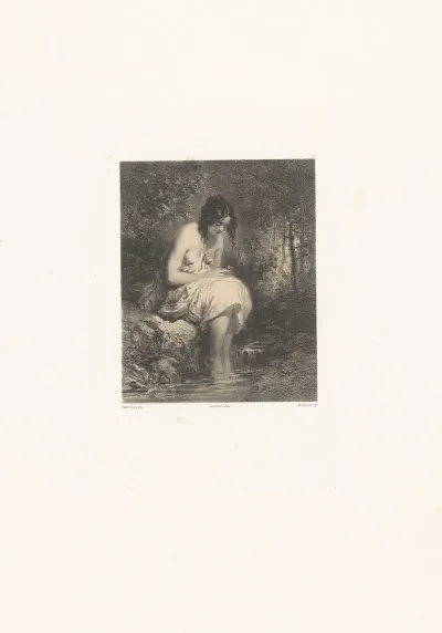 Half Naked Woman Bathes At The Waters Edge