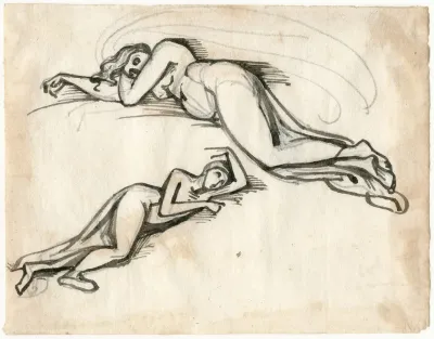Half Op De Buik Liggende Vrouwenfiguur Tweemaal