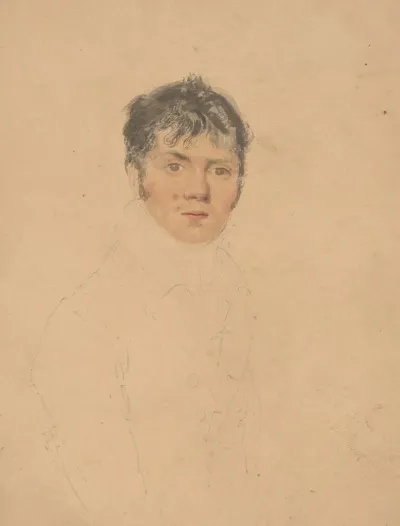 Half Portrait Of A Gentlemen Body Outlined In Pencil Face In Watercolor
