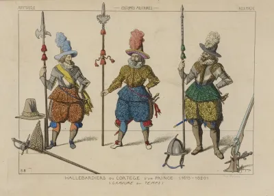 Hallebardiers Du Cortege Dun Prince 1615 1620 Gravure Du Temps Xviie Siecle Costumes Militaires Allemagne