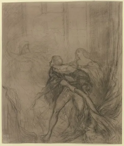 Hamlet Mit Seiner Mutter Gertrude Und Dem Hinter Einem Vorhang Getoteten Polonius Im Hintergrund Der Geist Des Vaters Seine Forderung Nach Rache Erneuernd