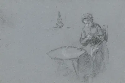 Handwerkende Vrouw Aan Een Tafel