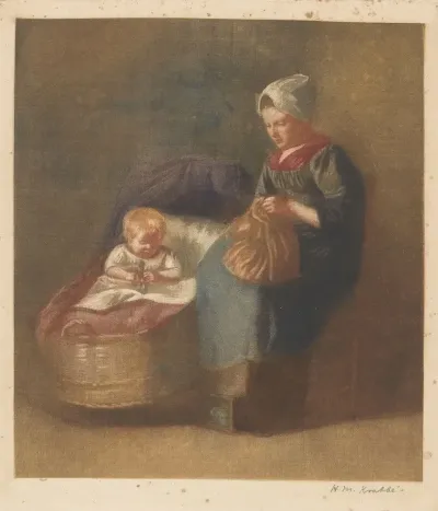 Handwerkende Vrouw Naast Een Kind Een Wieg