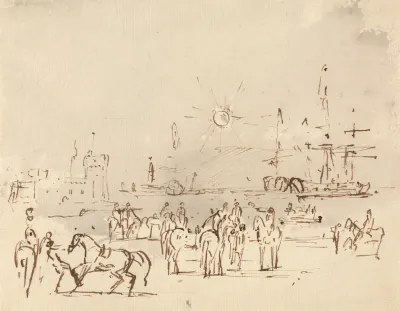 Harbour Scene With Castle On Left And Ships At Right