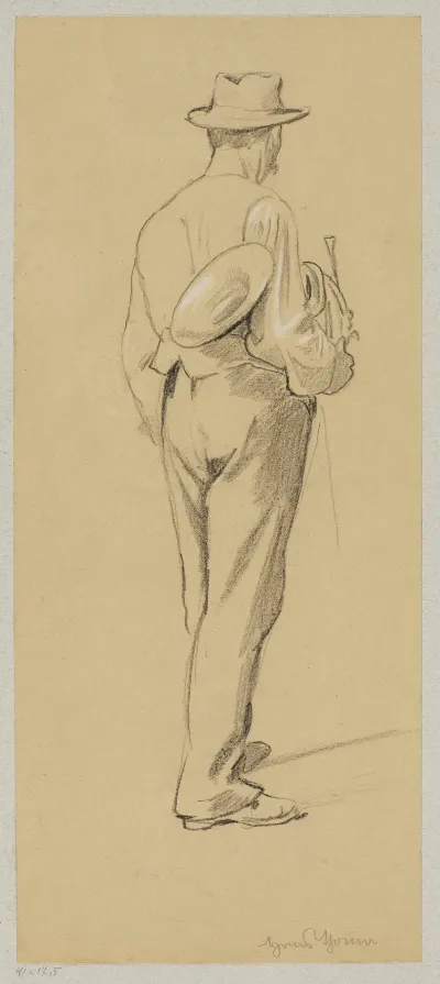 Hatted Man With A French Horn Shown From The Back
