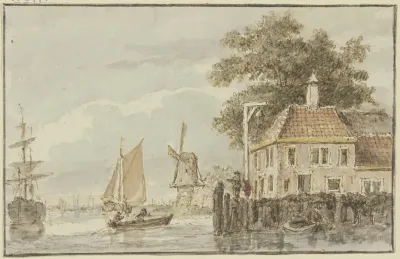 Haus Am Wasser Und Windmuhle Dabei Mehrere Schiffe