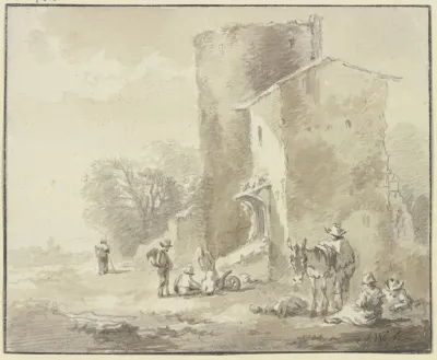 Haus An Einem Verfallenen Turm Und Gruppen Von Rastenden Figuren