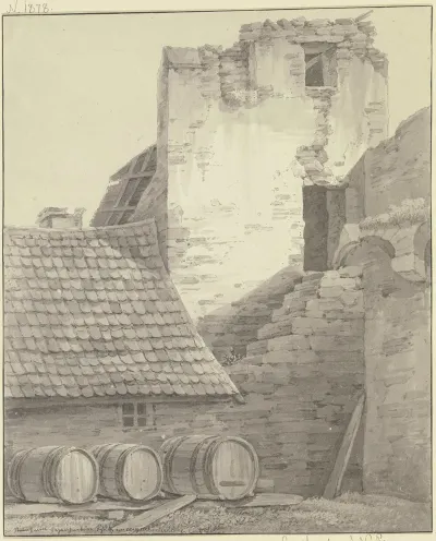 Haus An Einer Stadtmauer Mit Turm Und Treppe Im Vordergrund Drei Liegende Fasser