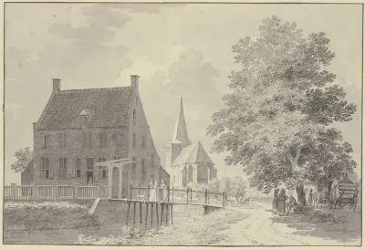 Haus Mit Wassergraben Und Steg Hinten Die Kirche Rechts Ein Baum Unter Welchem Ein Wagen Und Mehrere Figuren Stehen