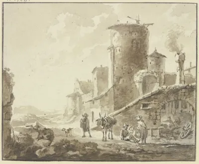 Hausergruppe Mit Rundem Turm Und Torbogen Davor Rastende Und Ein Maultier