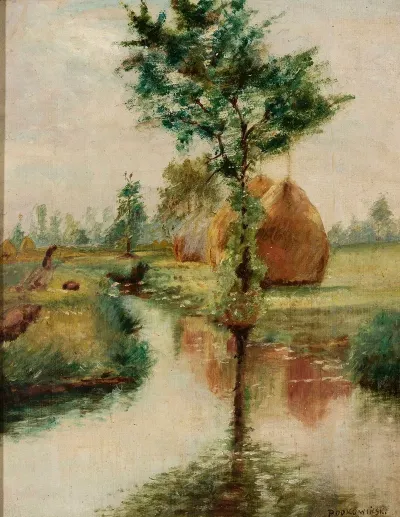 Haystacks At A Stream